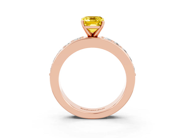 Rose gold Emerald Cut Yellow Sapphire Engagement Ring with Channel Set Round  Band and Prong Setting