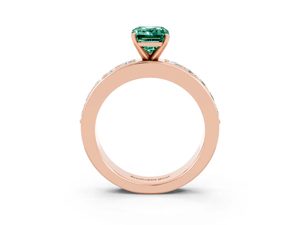 Rose gold Emerald Cut Green Sapphire Engagement Ring with Channel Set Round  Band and Prong Setting