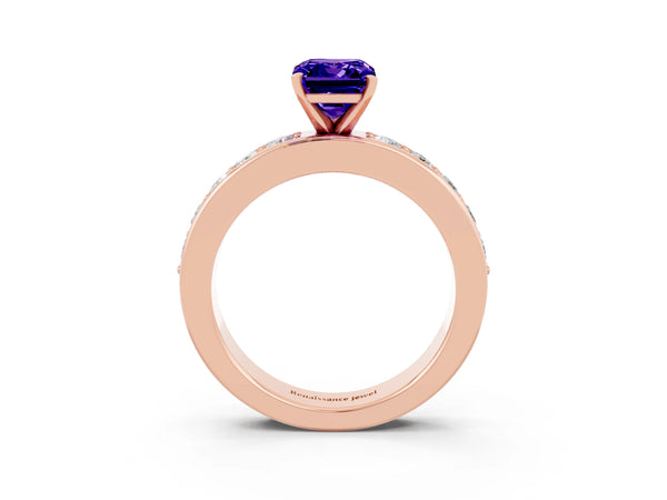 Rose gold Emerald Cut Tanzanite Engagement Ring with Channel Set Round  Band and Prong Setting