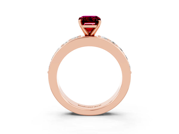 Rose gold Emerald Cut Garnet Engagement Ring with Channel Set Round  Band and Prong Setting