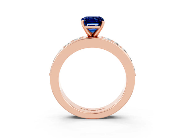 Rose gold Emerald Cut Blue Sapphire Engagement Ring with Channel Set Round  Band and Prong Setting