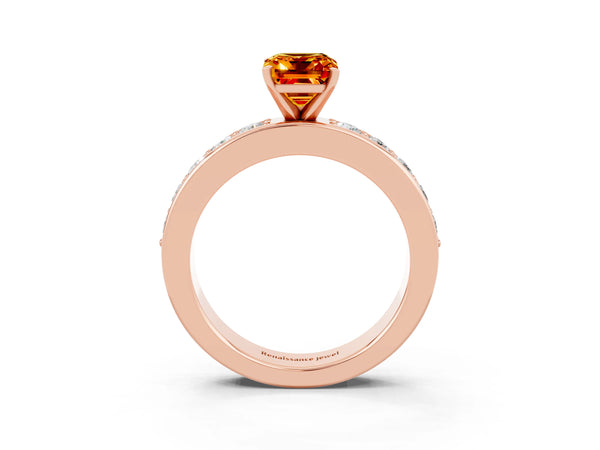Rose gold Emerald Cut Citrine Engagement Ring with Channel Set Round  Band and Prong Setting