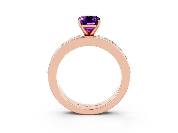 Rose gold Emerald Cut Amethyst Engagement Ring with Channel Set Round  Band and Prong Setting