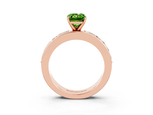 Rose gold Emerald Cut Peridot Engagement Ring with Channel Set Round  Band and Prong Setting