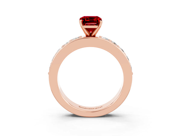Rose gold Emerald Cut Ruby Engagement Ring with Channel Set Round  Band and Prong Setting