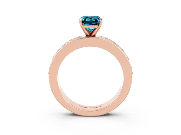 Rose gold Emerald Cut Blue Topaz Engagement Ring with Channel Set Round  Band and Prong Setting