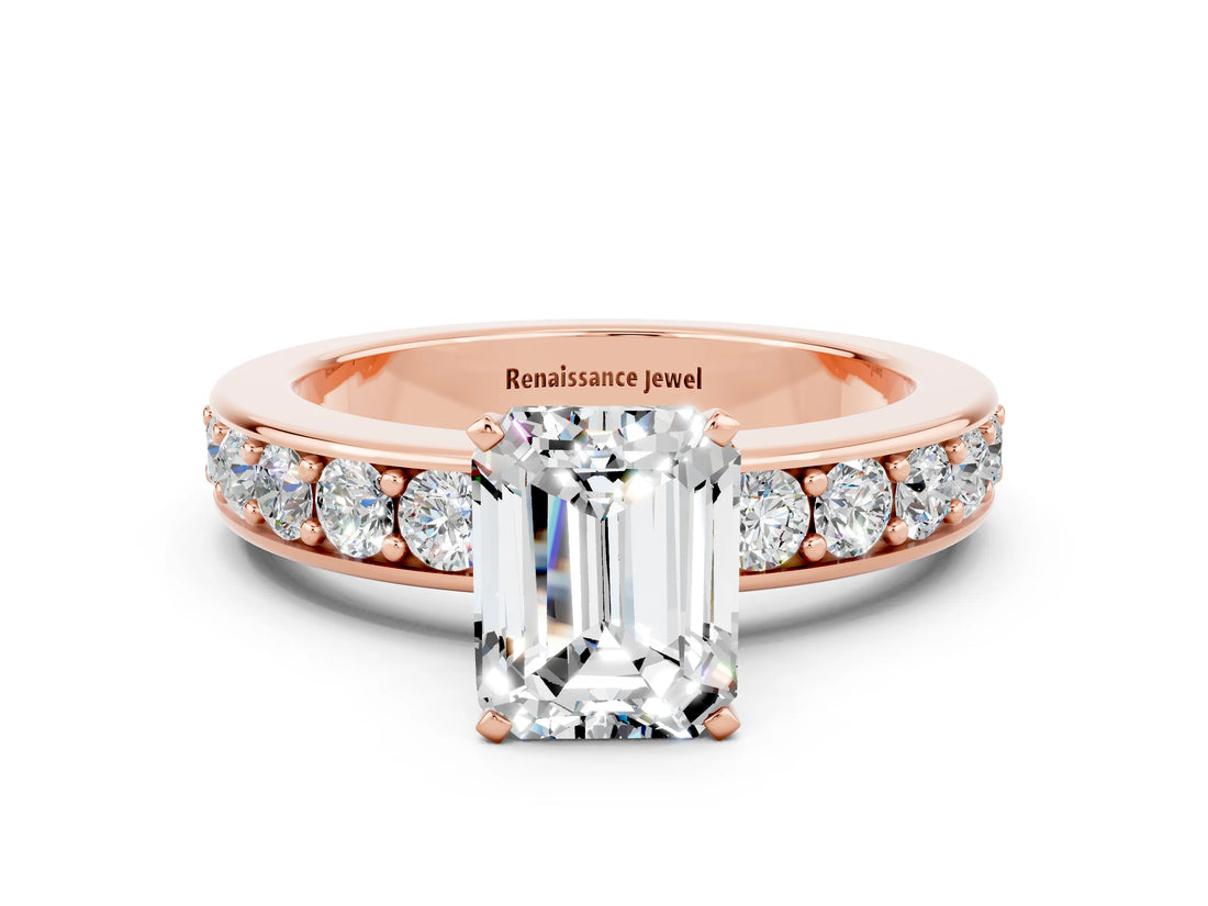 Rose gold Emerald Cut Cut Channel Set Diamond Engagement Ring with Four-Prong Setting
