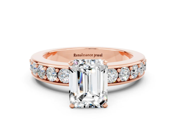 Rose gold Emerald Cut Moissanite Engagement Ring with Channel Set Round  Band and Prong Setting