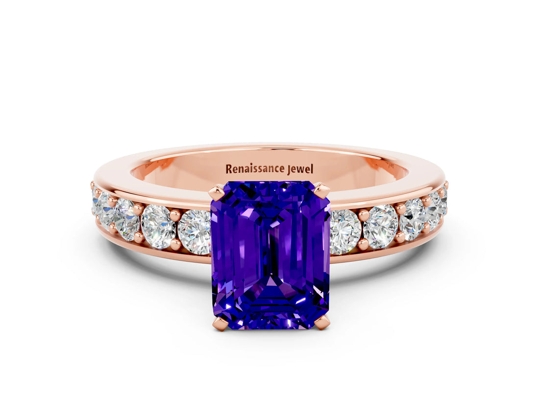 Rose gold Emerald Cut Cut Channel Set Diamond Engagement Ring with Four-Prong Setting