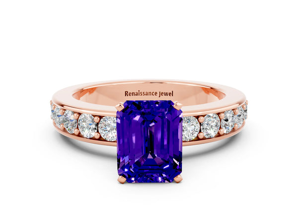 Rose gold Emerald Cut Tanzanite Engagement Ring with Channel Set Round  Band and Prong Setting