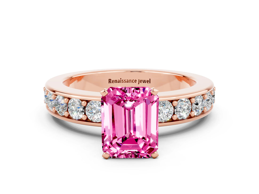 Rose gold Emerald Cut Cut Channel Set Diamond Engagement Ring with Four-Prong Setting