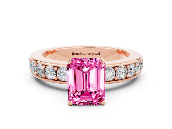 Rose gold Emerald Cut Pink Sapphire Engagement Ring with Channel Set Round  Band and Prong Setting
