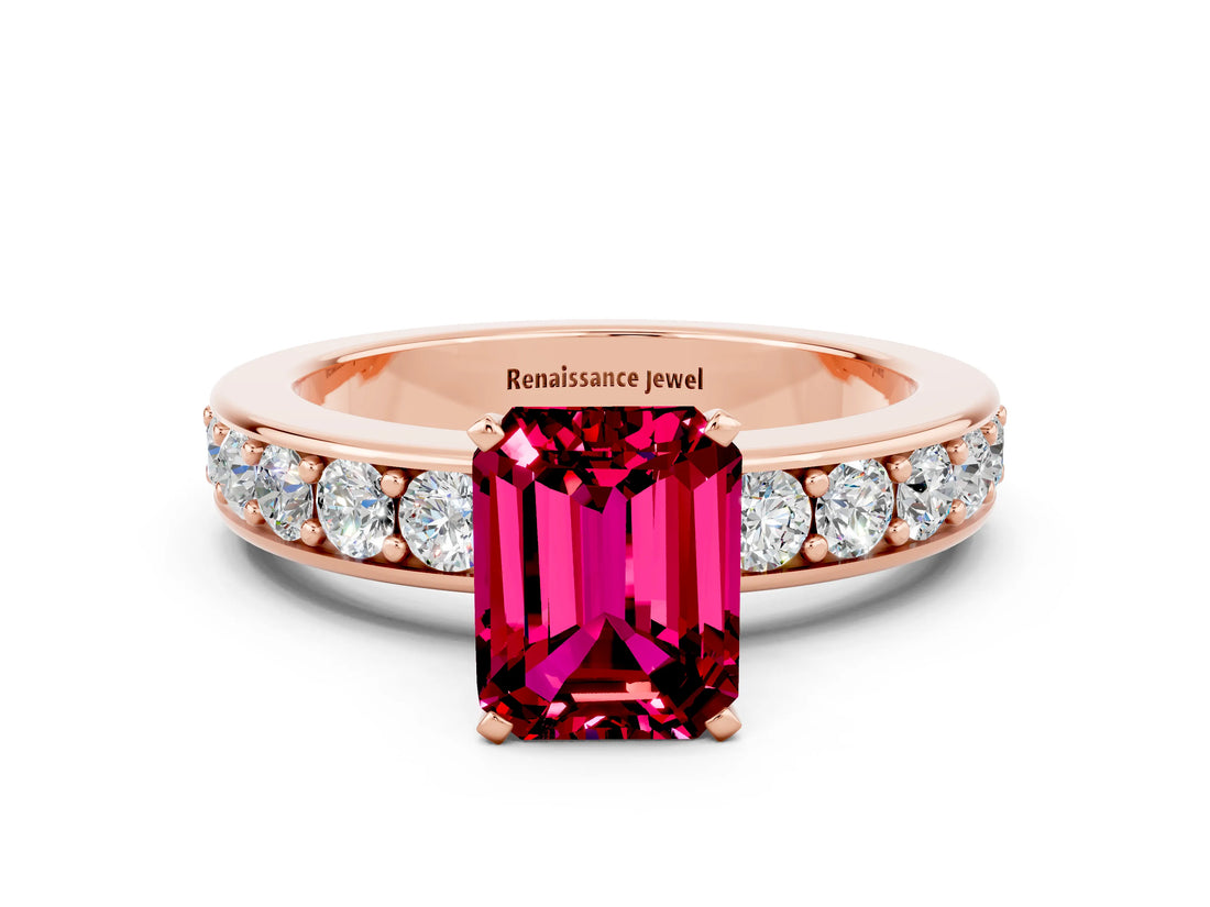 Rose gold Emerald Cut Cut Channel Set Diamond Engagement Ring with Four-Prong Setting