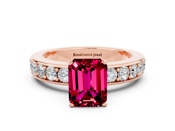 Rose gold Emerald Cut Garnet Engagement Ring with Channel Set Round  Band and Prong Setting