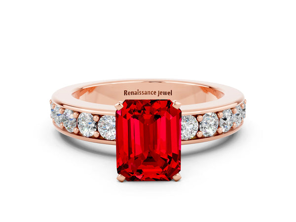 Rose gold Emerald Cut Ruby Engagement Ring with Channel Set Round  Band and Prong Setting