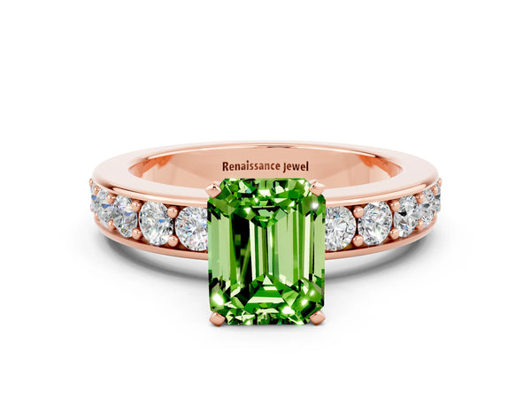 Rose gold Emerald Cut Peridot Engagement Ring with Channel Set Round  Band and Prong Setting