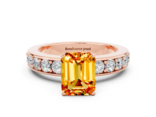 Rose gold Emerald Cut Citrine Engagement Ring with Channel Set Round  Band and Prong Setting