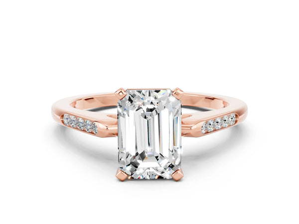 Rose gold Emerald Cut Moissanite Solitaire Ring with Channel Set Round  Band and Prong Setting