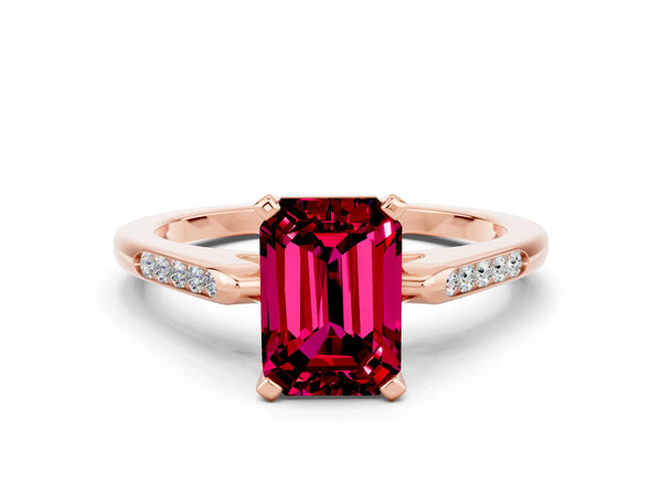 Rose gold Emerald Cut Garnet Solitaire Ring with Channel Set Round  Band and Prong Setting