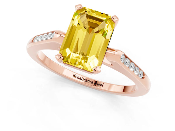 Rose gold Emerald Cut Yellow Sapphire Solitaire Ring with Channel Set Round  Band and Prong Setting