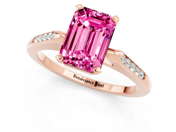 Rose gold Emerald Cut Pink Sapphire Solitaire Ring with Channel Set Round  Band and Prong Setting