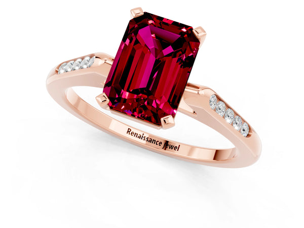 Rose gold Emerald Cut Garnet Solitaire Ring with Channel Set Round  Band and Prong Setting