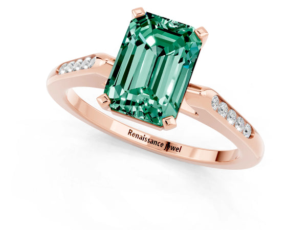 Rose gold Emerald Cut Green Sapphire Solitaire Ring with Channel Set Round  Band and Prong Setting