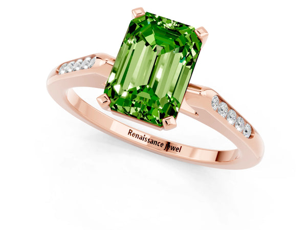 Rose gold Emerald Cut Peridot Solitaire Ring with Channel Set Round  Band and Prong Setting