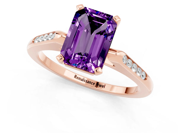 Rose gold Emerald Cut Amethyst Solitaire Ring with Channel Set Round  Band and Prong Setting