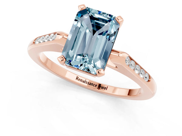 Rose gold Emerald Cut Aquamarine Solitaire Ring with Channel Set Round  Band and Prong Setting