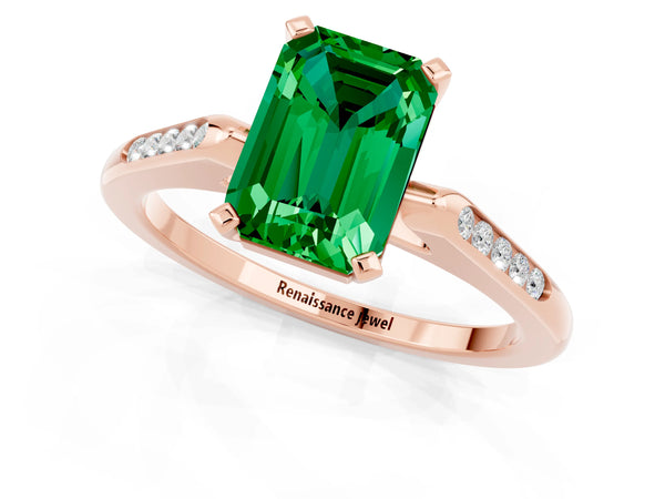 Rose gold Emerald Cut Emerald Solitaire Ring with Channel Set Round  Band and Prong Setting