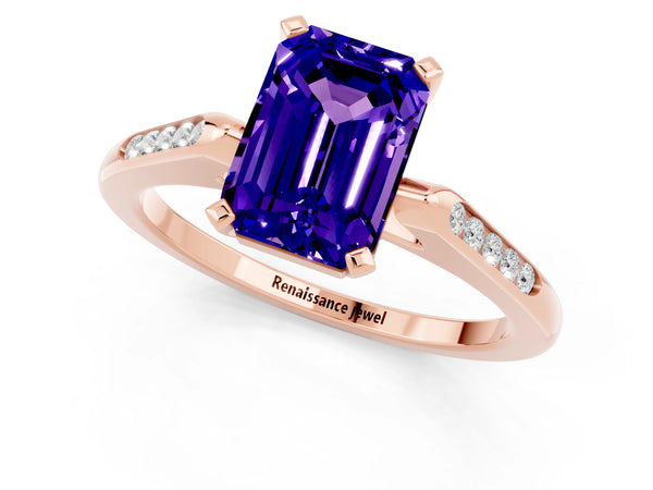 Rose gold Emerald Cut Tanzanite Solitaire Ring with Channel Set Round  Band and Prong Setting