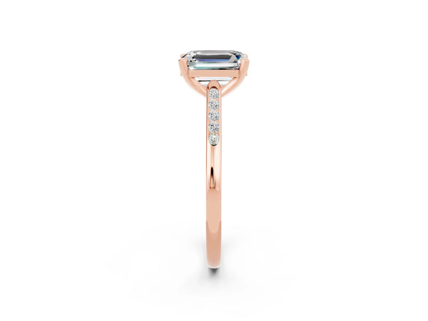 Rose gold Emerald Cut Moissanite Solitaire Ring with Channel Set Round  Band and Prong Setting