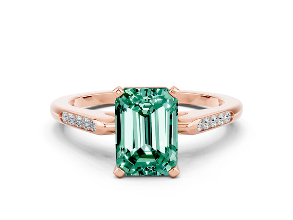 Rose gold Emerald Cut Green Sapphire Solitaire Ring with Channel Set Round  Band and Prong Setting