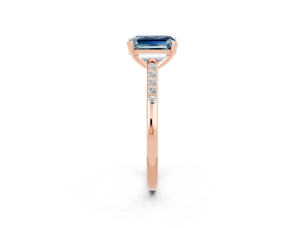 Rose gold Emerald Cut Aquamarine Solitaire Ring with Channel Set Round  Band and Prong Setting