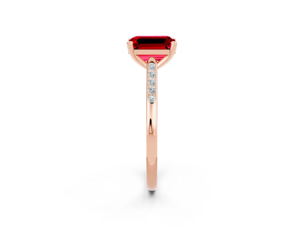 Rose gold Emerald Cut Ruby Solitaire Ring with Channel Set Round  Band and Prong Setting