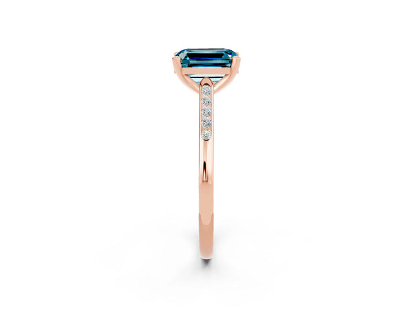 Rose gold Emerald Cut Blue Topaz Solitaire Ring with Channel Set Round  Band and Prong Setting