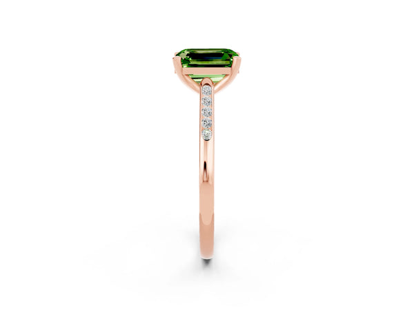 Rose gold Emerald Cut Peridot Solitaire Ring with Channel Set Round  Band and Prong Setting