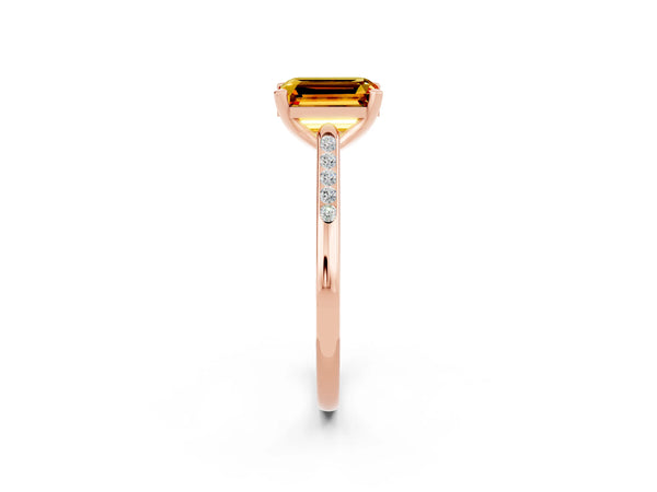 Rose gold Emerald Cut Citrine Solitaire Ring with Channel Set Round  Band and Prong Setting