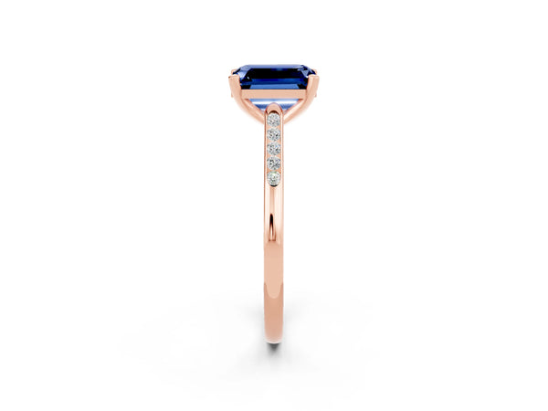 Rose gold Emerald Cut Blue Sapphire Solitaire Ring with Channel Set Round  Band and Prong Setting