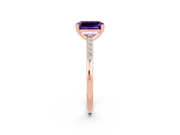 Rose gold Emerald Cut Amethyst Solitaire Ring with Channel Set Round  Band and Prong Setting