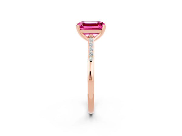 Rose gold Emerald Cut Pink Sapphire Solitaire Ring with Channel Set Round  Band and Prong Setting