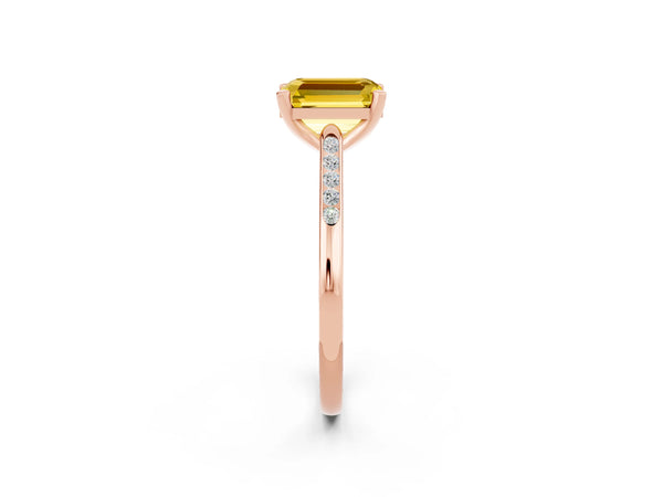 Rose gold Emerald Cut Yellow Sapphire Solitaire Ring with Channel Set Round  Band and Prong Setting