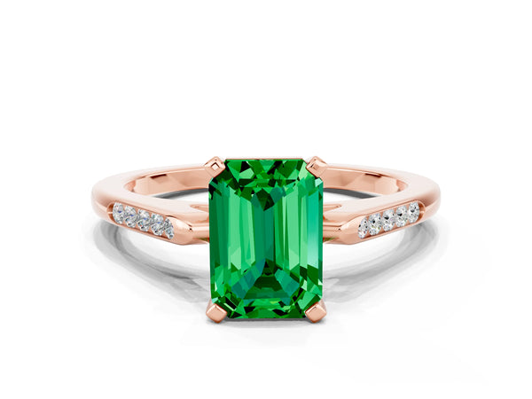 Rose gold Emerald Cut Emerald Solitaire Ring with Channel Set Round  Band and Prong Setting