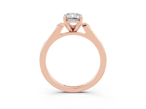 Rose gold Emerald Cut Moissanite Solitaire Ring with Channel Set Round  Band and Prong Setting