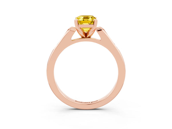 Rose gold Emerald Cut Yellow Sapphire Solitaire Ring with Channel Set Round  Band and Prong Setting