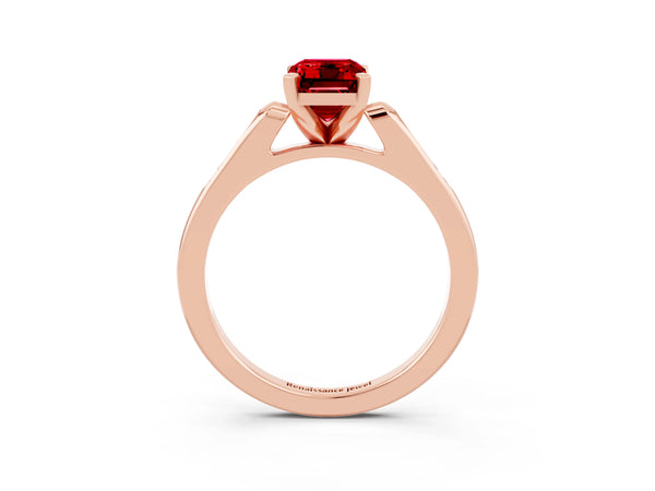 Rose gold Emerald Cut Ruby Solitaire Ring with Channel Set Round  Band and Prong Setting