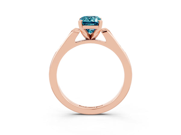Rose gold Emerald Cut Blue Topaz Solitaire Ring with Channel Set Round  Band and Prong Setting