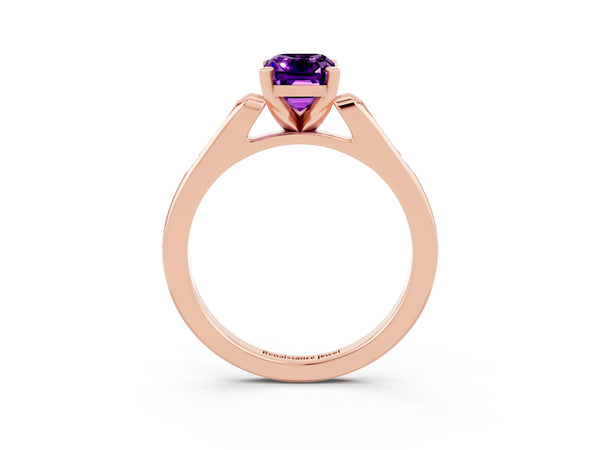 Rose gold Emerald Cut Amethyst Solitaire Ring with Channel Set Round  Band and Prong Setting