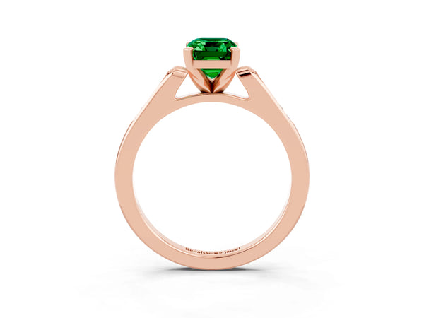 Rose gold Emerald Cut Emerald Solitaire Ring with Channel Set Round  Band and Prong Setting